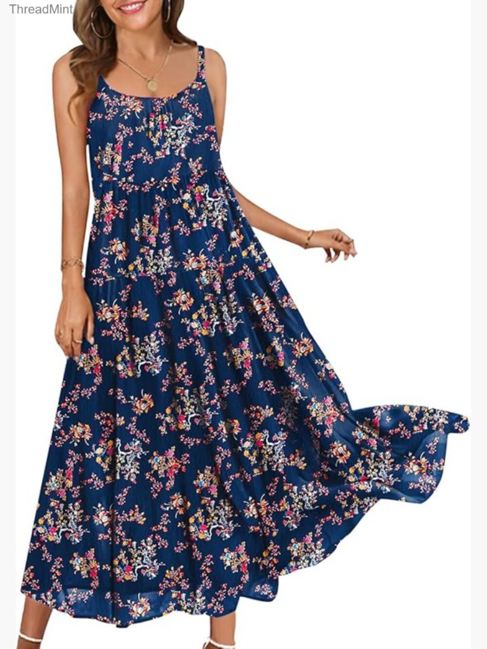 Sleeveless A-Line Maxi Sundress with Pockets Spaghetti Strap Flowy